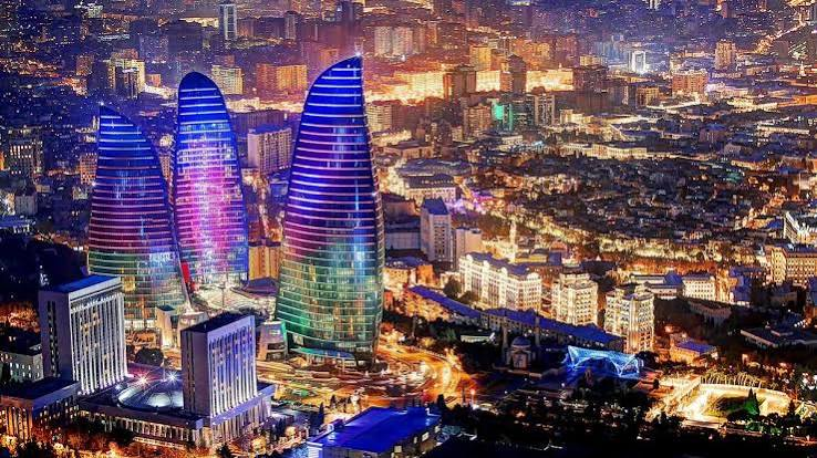 Baku, capital of Azerbaijan - Flame Towers skyline at night